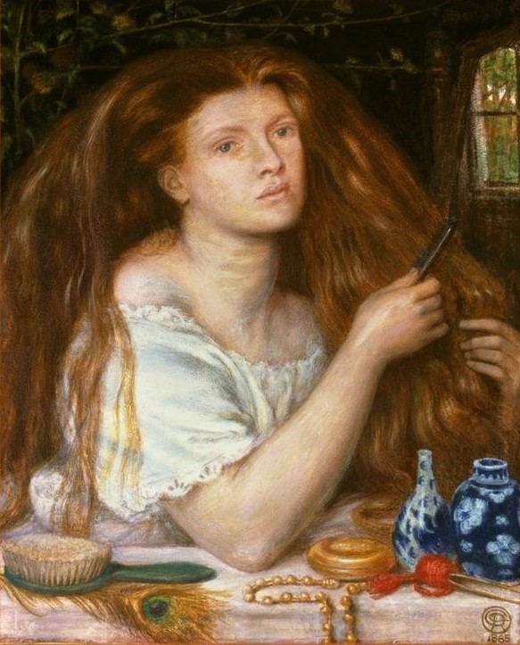 Dante Gabriel Rossetti, Woman Combing Her Hair (Körperpflege,Bad,Frau,Haarpflege,Kosmetik,Kunst,Morgentoilette,Schönheit,Vanitas,Präraffaeliten,Englische Kunst,Eitelkeit,Pfauenfeder,Frauenleben,Haarbürste,Haarekämmen)