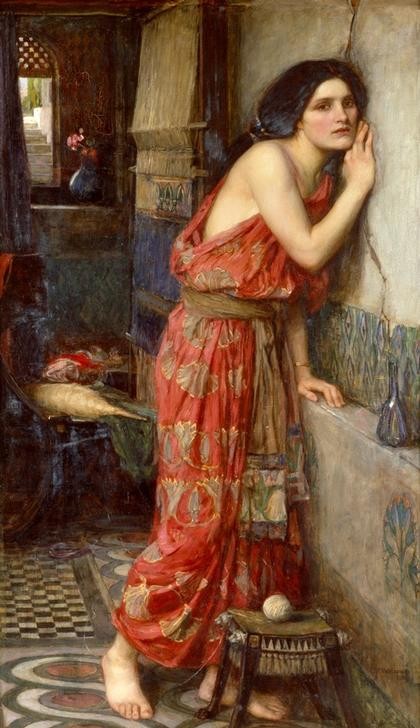 John William Waterhouse, Thisbe or the Listener (Lauschen, Horchen, Liebespaar,  Mythologie, Thisbe und Priamos, Präraffaeliten, Stube, Interieur, Webstuhl, Heimliche Liebe, Wunschgröße, Klassiker, Wohnzimmer)