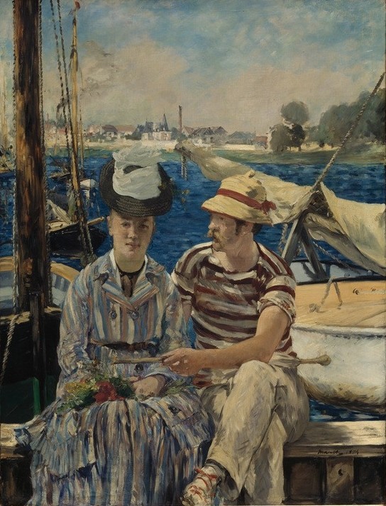 Edouard Manet, Le Dimanche sur la Seine (Argenteuil) (Damenmode,Frau,Herrenmode,Industrie,Jahreszeiten,Mann,Mode,Freizeit,Sommer,Segelboot,Hut,Portrait,Strohhut,Reise,Französische Kunst,T-Shirt,Kleid,Paar,Sonnenhut,Vorort,Streifen,Bootssteg)