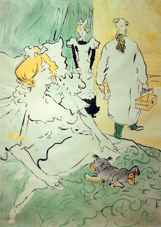 Henri de Toulouse-Lautrec, L’Artisan moderne (Bett,Dienstboten,Frau,Jugendstil,Mensch,Hund,Französische Kunst,Schosshund,Reichtum,Luxus,Dienerin,Belle Epoque,Fin De Siecle,Neglige,Frauenleben,Handwerker)