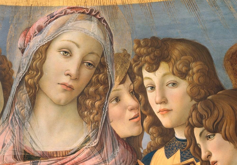 Sandro Botticelli, Maria mit dem Kinde und sechs Engeln (Christentum,Engel,Religion,Renaissance,Maria Mit Kind,Neues Testament,Bibel,Italienische Kunst,Jesusknabe,Frührenaissance,Ausschnitt)