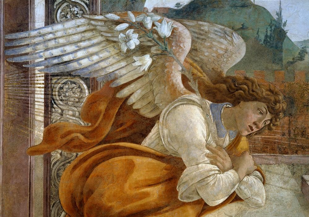 Sandro Botticelli, Verkündigung von S.Martino (Erzengel Gabriel, Lilie, Verkündigung, Neues Testament, religiös, Christentum, Interieur, Zimmer, Renaissance, Klassiker, Schlafzimmer, Wohnzimmer, Detail, bunt)