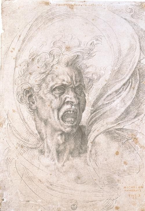 MICHELANGELO BUONARROTI, Kopf eines Schreienden (Entsetzen, Panik, Angst, Portrait, Religion, Teufel, , Hölle, Verdammte, Skizze, Zeichnung, Klassiker, Renaissance, Wunschgröße, schwarz/weiß)