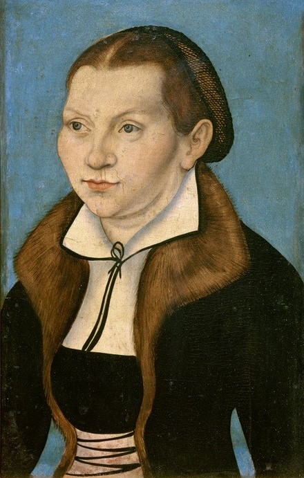 Lucas Cranach der Ältere, Porträt Katharina von Bora (Damenmode,Deutsche Kunst,Frau,Geschichte,Reformation,Renaissance,Ehefrau Von Berühmten,Portrait,Haarnetz,Kragen,Person)