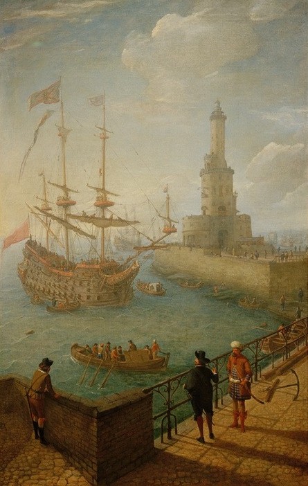 Abraham Willarts, Spanischer Dreidecker vor Neapel ankernd (Hafen,Himmel (Natur),Kriegsschiff,Küste,Kunst,Landschaft,Leuchtturm,Marine,Militär,Ruderboot,Schiffstypen,Segelschiff,Meer,Segelboot,Barock,Marinemalerei,Niederländische Kunst,Holländische Kunst,Vor Anker,Dreimaster,Dreidecker,Schifffahrt)