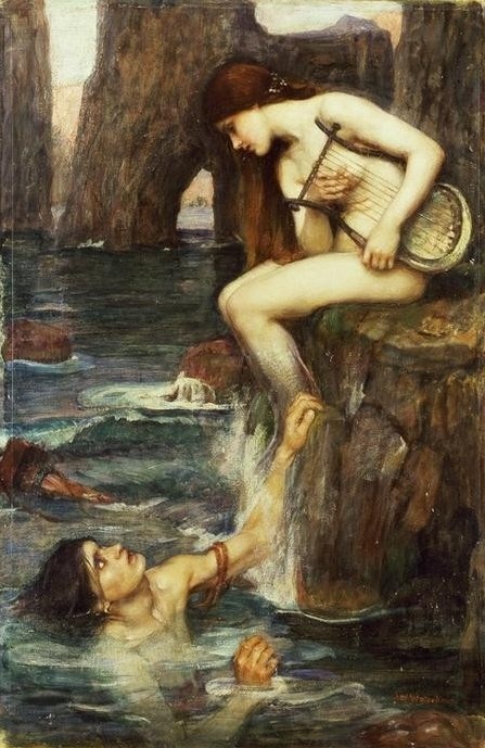 John William Waterhouse, The Siren (Erotik, Frau, Harfe, Sirene, Mythologie, Meer, Nymphe,Lyra, Musikinstrument, Akt, Fabelwesen, Verführung, Nixe, Meerjungfrau, Schiffbruch, Präraffaeliten, Klassiker, Wunschgröße)