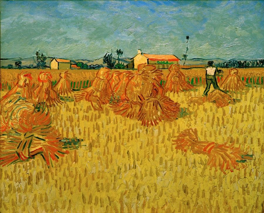 Vincent van Gogh, Ernte in der Provence (Ackerbau,Bauer (Landwirt),Ernte,Getreideanbau,Kunst,Landschaft,Mann,Weizen,Impressionismus,Getreide,Niederländische Kunst,Feld,Dreschen,Holländische Kunst,Getreidefeld,Garbe,Feldarbeit,Hocke (Landwirtschaft),Postimpressionismus,Landwirtschaft,Korn (Getrei)