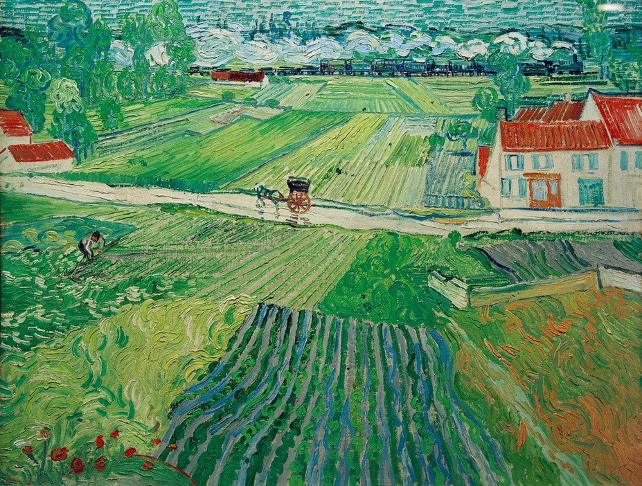 Vincent van Gogh, Landschaft mit Pferdewagen und Zug im Hintergrund (Eisenbahn,Kunst,Landstrasse,Landschaft,Pferdewagen,Verkehr,Impressionismus,Acker,Niederländische Kunst,Holländische Kunst)