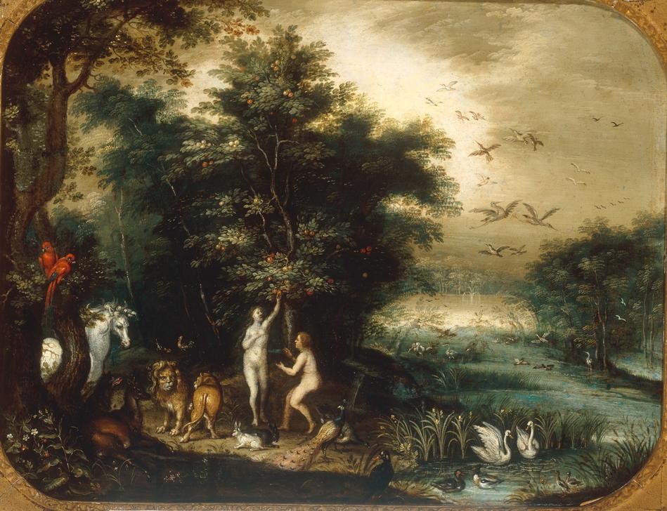 Jan Brueghel der Ältere, Das Paradies mit dem Sündenfall (Altes Testament, Sündenfall, Adam und Eva, Apfel, Bibel, Paradies, Baum Der Erkenntnis, Tiere, Landschaft, Barock, Klassiker, Malerei, Wunschgröße, Wohnzimmer, bunt)