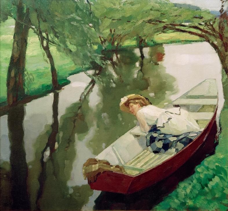 Leo Putz, Im Kahn  (Landschaft, Fluss, Kahn, Boot, Frau, Spiegelungen, Menschen, Wunschgröße, Impressionismus, Klassische Moderne, Wohnzimmer,)