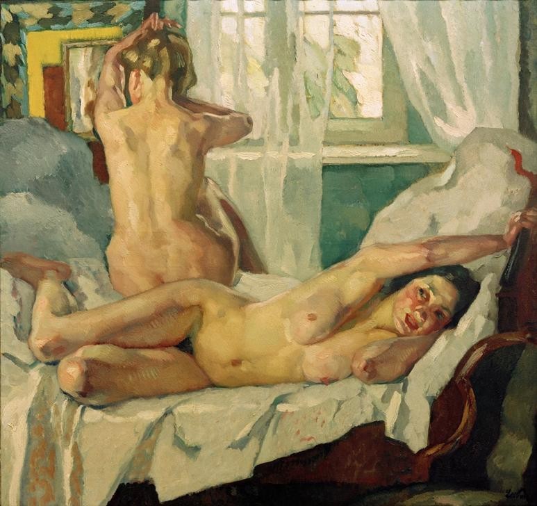 Leo Putz, Am Morgen  (Mensch und Gesellschaft, Aktmalerei, nackte Frauen, Bett,   Wunschgröße, Impressionismus, Klassische Moderne, Wohnzimmer,)