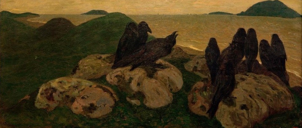 Nikolai Konstantinowitsch Roerich, Die Unheildrohenden (Küste,Kunst,Landschaft,Vogel,Rabe,Krähe,Meer,Symbolismus,Russische Kunst,Felsen,Tierleben,Ufer,Ornithologie,Unheil,Symbolik)
