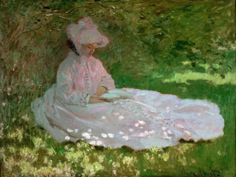 Claude Monet, La liseuse (Damenhut,Damenmode,Frau,Jahreszeiten,Kunst,Park,Freizeit,Sommer,Impressionismus,Schatten,Portrait,Lesen (Allgemein),Französische Kunst,Im Freien (Allgemein),Frauenleben,Leserin)
