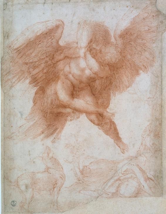 MICHELANGELO BUONARROTI, Die Entführung des Ganymed (Adler, Jüngling, Mythologie, Entführung, Homosexualität, Götterliebschaften, , Skizze, Zeichnung, Klassiker, Renaissance, Wunschgröße, Rötel)