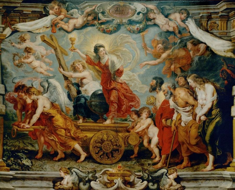 Peter Paul Rubens, Triumph of Faith (Engel,Krieg,Reformation,Transport,Gegenreformation,Barock,Maria Mit Kind,Allegorie,Sieg (Erfolg),Ecclesia,Jungfrau,Quadriga,Triumph,Streitwagen,Eroberung)