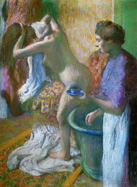 Edgar Degas, Breakfast after the bath (Bad,Mädchen,Schwimmen,Sport,Wasser,Impressionismus,Akt,Frühstück,Portrait,Diener,Badezimmer,Leben,Kopf,Badewanne,Vier Elemente)