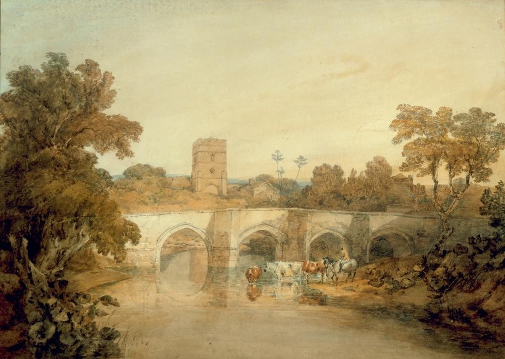 JOSEPH MALLORD WILLIAM TURNER, Bromfield on the River Onny, near Ludlow, Shropshire (Brücke,Kunst,Landschaft,Fluss,Englische Kunst,Romantik)