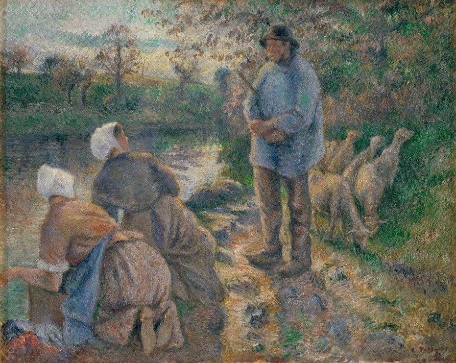 Camille Pissarro, Le Berger et les Laveuse (Wasser,Impressionismus,Hirte,Fluss,Schaf,Leben,Lamm,Tier,Schafherde,Herde,Wäscherin,Schäfer,Vier Elemente)