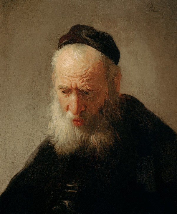 Rembrandt Harmenszoon van Rijn, Kopf eines alten Mannes (Kunst,Mann,Mensch,Bart,Barock,Portrait,Greis,Helldunkel,Niederländische Kunst,Holländische Kunst,Vollbart,Kappe (Kopfbedeckung),Alter Mann,Weisse Haare,Brustbild,Stirnrunzeln,Falten (Physiognomie))