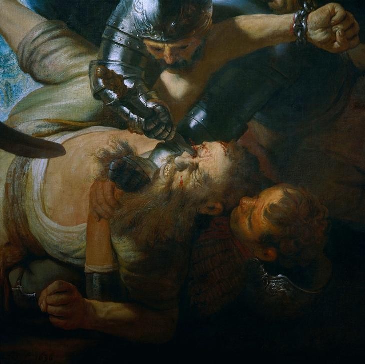 Rembrandt Harmenszoon van Rijn, Die Blendung Simsons (Dolch,Kunst,Samson Und Delilah,Soldat,Barock,Altes Testament,Grausamkeit,Bibel,Philister,Helldunkel,Niederländische Kunst,Blendung,Schmerz,Holländische Kunst,Augenausstechen,Kris,Jüdisch-Christlich,Ausschnitt)