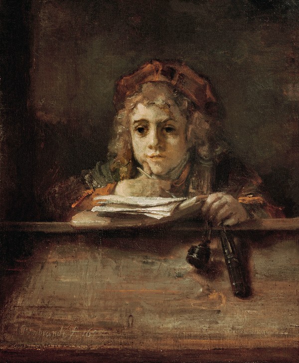 Rembrandt Harmenszoon van Rijn, Titus (Buch,Kind,Kunst,Leser,Mensch,Pädagogik,Barock,Portrait,Lernen,Nachdenken,Schüler,Schreibwerkzeug,Niederländische Kunst,Holländische Kunst,Schreibpult,Knabe,Schreiben,Schulkind,Sohn Von Berühmten,Kopf Stützen,Brustbild,Konzentration)