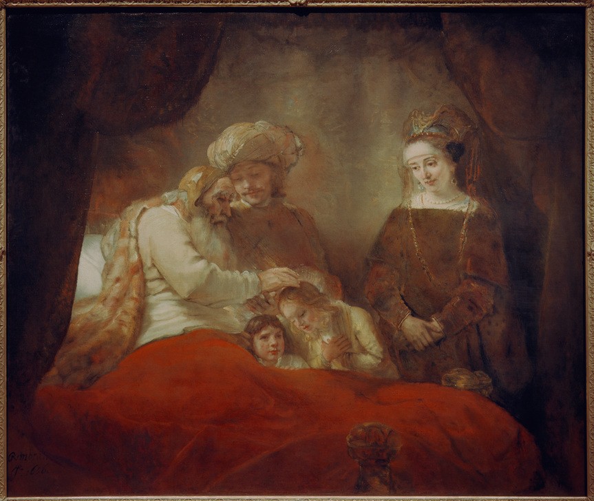 Rembrandt Harmenszoon van Rijn, Jakobs Segen (Grossvater,Kunst,Alter,Barock,Altes Testament,Segen,Bibel,Enkelkind,Helldunkel,Niederländische Kunst,Holländische Kunst,Schwiegertochter,Alter Mann,Weisheit,Jakob Segnet Ephraim Und Manasse,Handauflegen,Ehrfurcht,Jüdisch-Christlich,Krankenlager)
