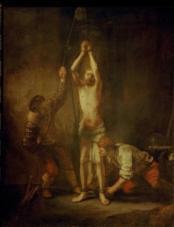Rembrandt Harmenszoon van Rijn, Christus an der Geißelsäule (Christentum,Kunst,Religion,Barock,Neues Testament,Bibel,Rembrandtschule,Niederländische Kunst,Geisselung,Holländische Kunst,Passion Christi)