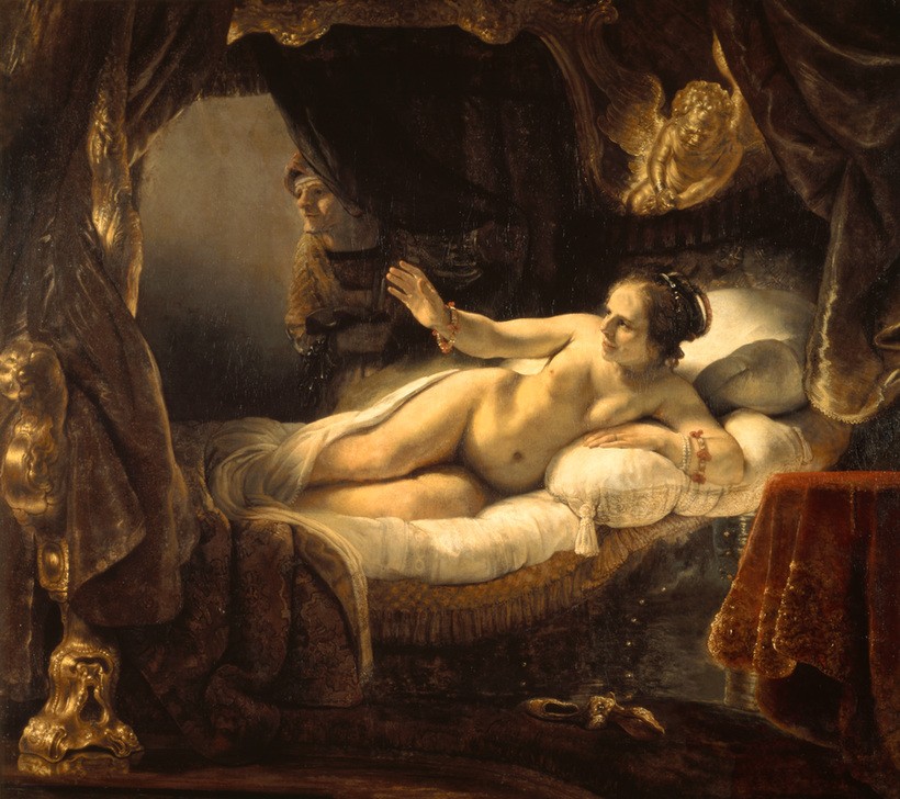 Rembrandt Harmenszoon van Rijn, Danae (Bett,Frau,Mythologie,Barock,Akt,Metamorphose,Götterliebschaften,Niederländische Kunst,Holländische Kunst,Liegen,Griechisch-Römische Mythologie)