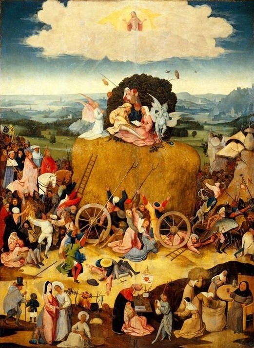 Hieronymus Bosch, Der Triumphzug des Heuwagens (Christentum,Heuwagen,Kunst,Laster,Liebespaar,Religion,Teilansicht,Heu,Allegorie,Fabelwesen,Triptychon,Mord,Vanitas,Sünde,Niederländische Kunst,Gut Und Böse,Erstechen,Todsünde,Lust,Kriminalität,Habgier,Mitteltafel,Morallehre,Symbolik)