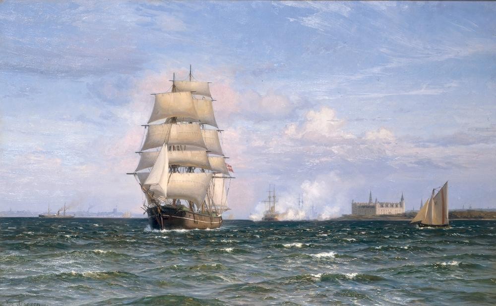 Vilhelm Arnesen, Dänisches Barkschiff vor Schloß Kronborg und Helsingör in der Ferne (Kunst,Schiffstypen,Segelschiff,Marinemalerei,Dänische Kunst,Dreimaster,Schifffahrt)