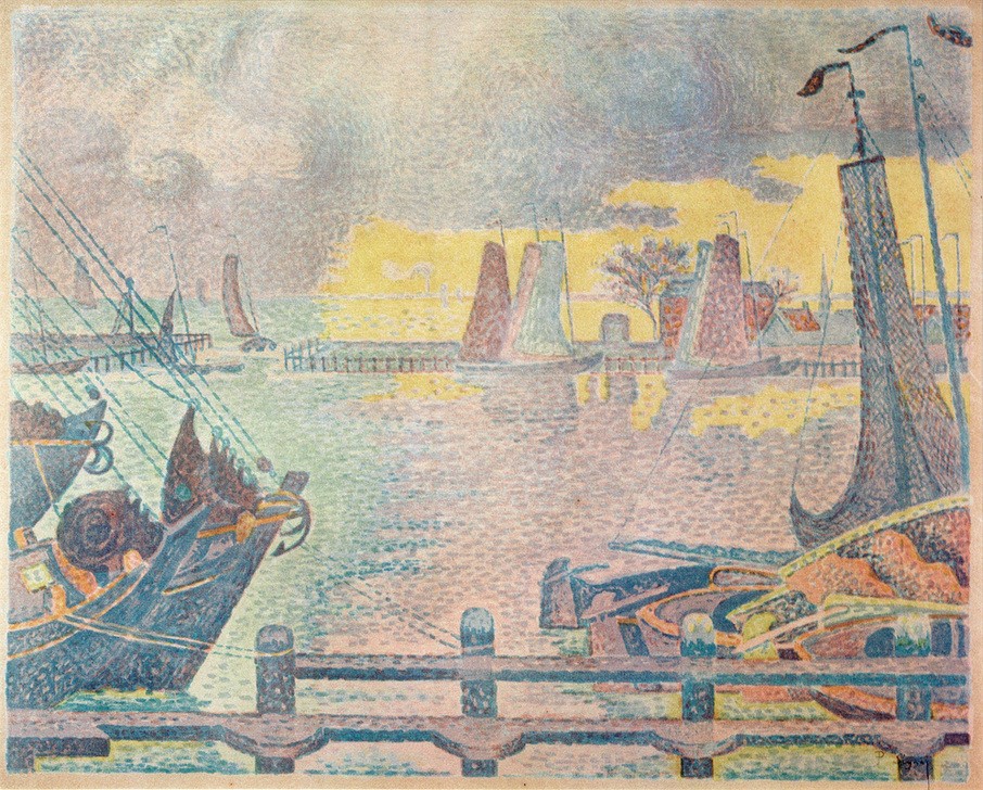 Paul Signac, Les bateaux à Flessingue (Boot,Fischerei,Hafen,Fischerboot,Impressionismus,Segelboot,Pointillismus,Französische Kunst,Netz,Schifffahrt)