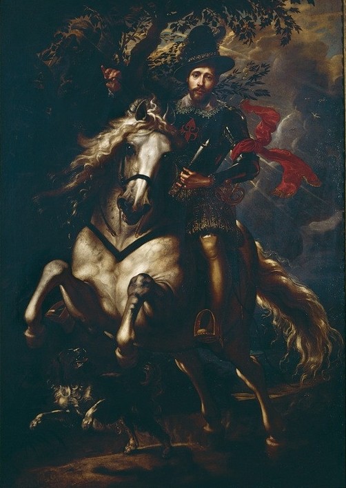 Peter Paul Rubens, Bildnis des Giovanni Carlo Doria zu Pferde (Feldherr,Flämische Kunst,Kunst,Mann,Militär,Pferd (Tier),Rüstung (Schutzkleidung),Reiter,Barock,Hund,Portrait,Adel,Niederländische Kunst,Reiten,Reiterbildnis,Person,Schimmel (Pferd))