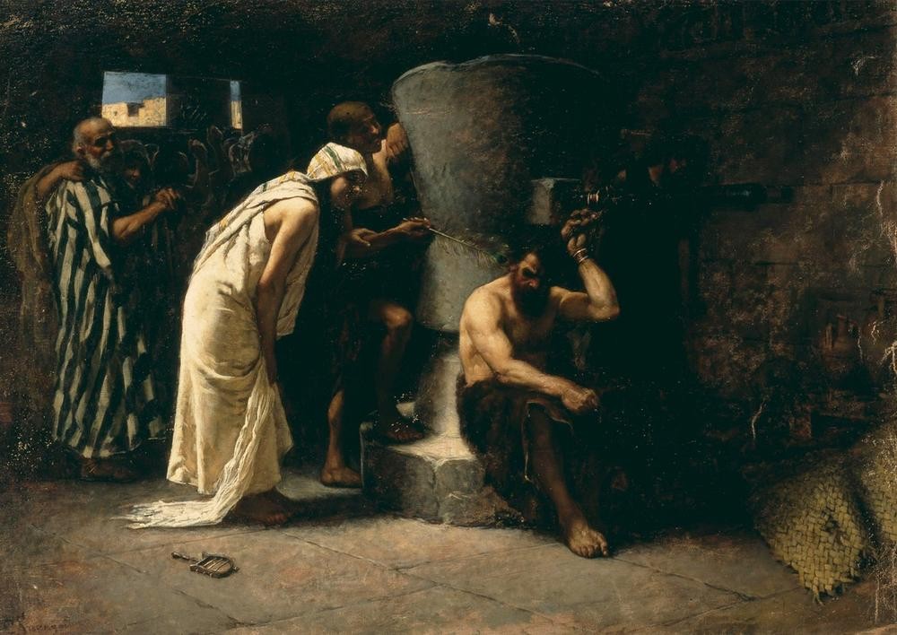 Cesare Saccaggi, Simson in der Mühle (Kunst,Mühle,Spott,Altes Testament,Gefangener,Orientalismus,Bibel,Schadenfreude,Philister,Italienische Kunst,Blendung,Kitzeln,Getreidemühle)