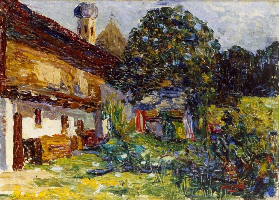 Wassily Kandinsky, Kochel – Bauernhaus mit Kirche (Bauernhaus, Gebäude, Landleben, Bayern, Gebäude, Russische Kunst, Expressionismus, Wohnzimmer, Treppenhaus, Wunschgröße, Klassische Moderne, bunt)