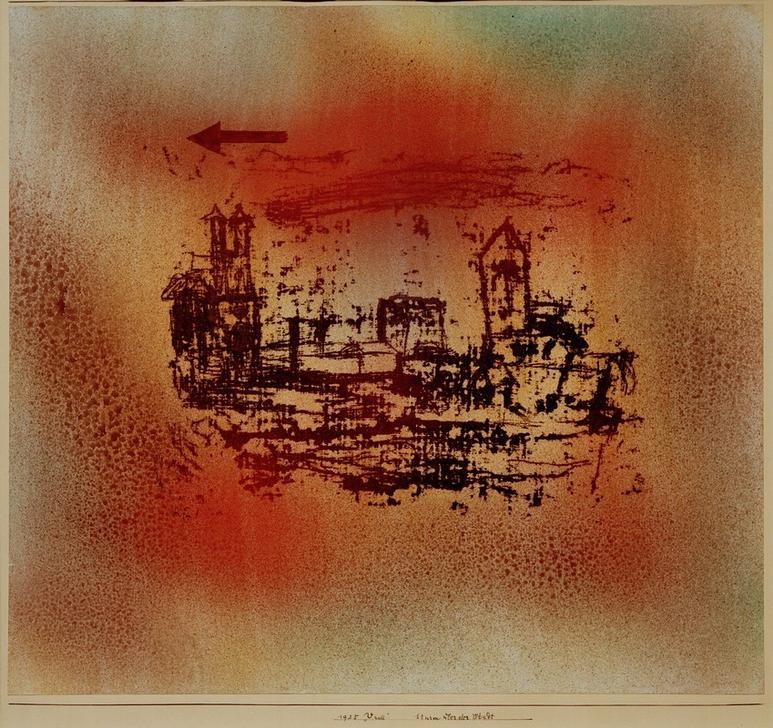 Paul Klee, Sturm über der Stadt (Bauhaus,Deutsche Kunst,Kunst,Meteorologie,Pfeil,Stadt,Architekturdarstellung,Schweizerische Kunst,Unwetter,Sturm)