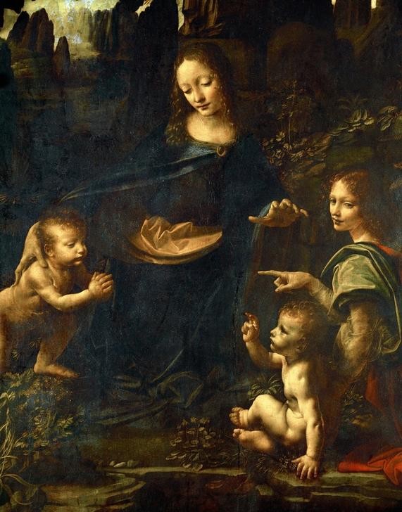 Leonardo da Vinci, Felsengrottenmadonna (Christentum, Engel, Kind, Landschaft, Religion, Renaissance, Segen, Maria, Neues Testament, Bibel, Gestik, Felsengrottenmadonna, Italienische Kunst, Felsen, Jesusknabe, Wohnzimmer, Wunschgröße, Klassiker, Detail)