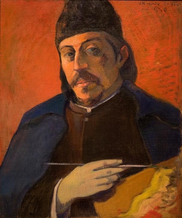 Paul Gauguin, Selbstporträt mit Palette (Kopfbedeckung,Künstler,Kunst,Maler (Künstler),Mann,Bart,Selbstbildnis,Künstler Bei Der Arbeit,Portrait,Palette,Französische Kunst,Pinsel,Kappe (Kopfbedeckung),Synthetismus,Privatsammlung,Person)