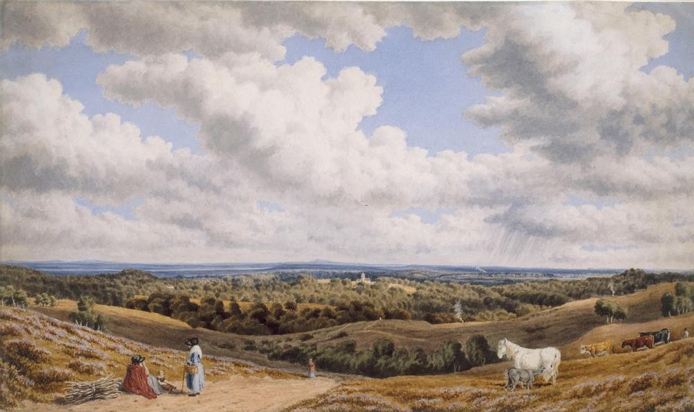 William Turner of Oxford, A Heathy Scene near Minstead in the New Forest looking Towa (Landschaftsmalerei, Horizont, Wolken, Reisigsammlerin, Pause, Rast, England, Romantik, Aquarell, Wunschgröße, Wohnzimmer)