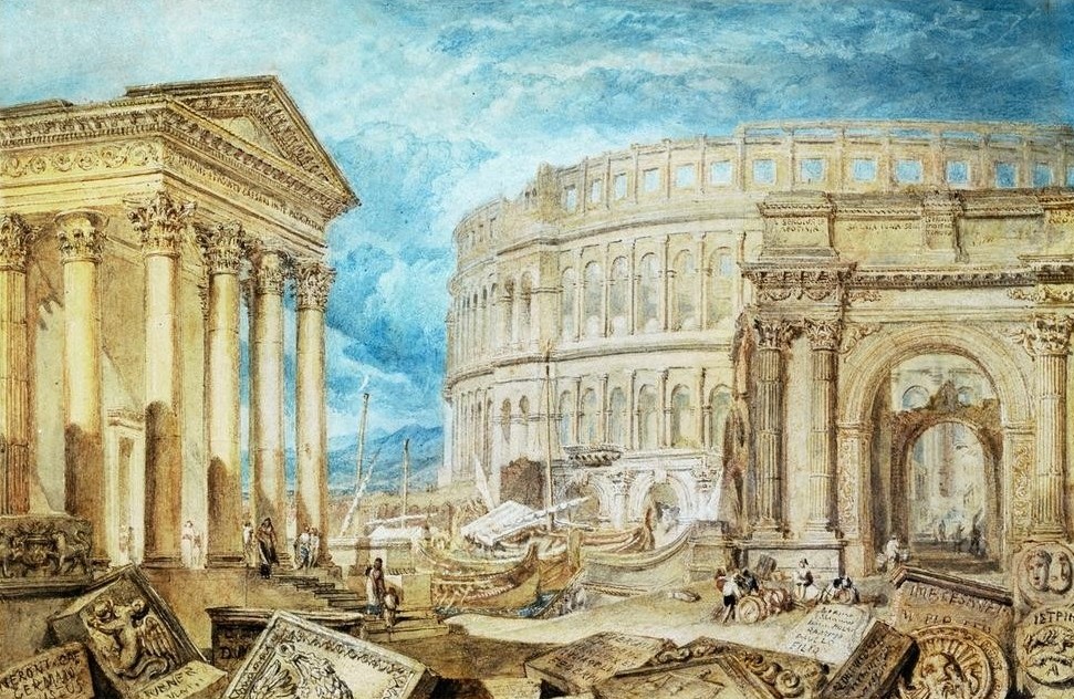 JOSEPH MALLORD WILLIAM TURNER, Antiquites of Pola (Amphitheater,Capriccio (Malerei),Kunst,Tempel,Architekturdarstellung,Englische Kunst,Romantik)