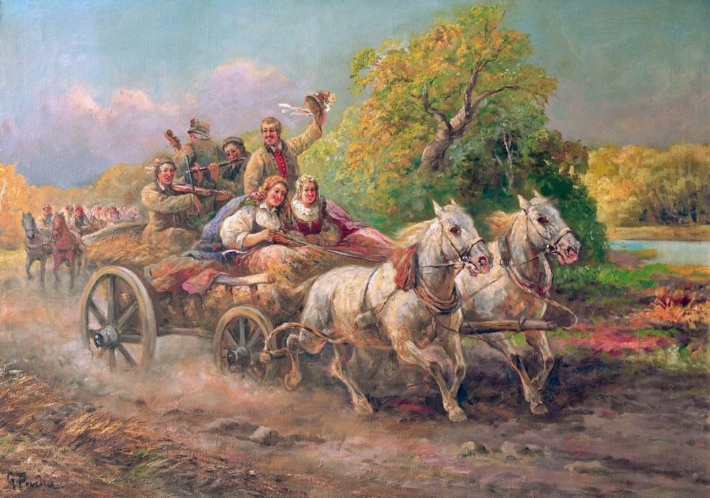Gustav Prucha, Ungarischer Hochzeitszug (Hochzeit, Feier, Pferdekutsche, Spaß, Tradition, Brauchtum, fröhlich, Kapelle, Musik, Klassische Moderne, Wunschgröße)