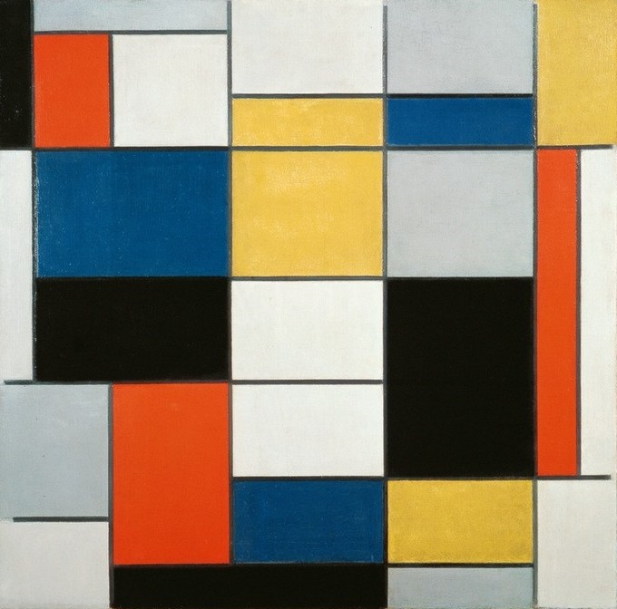 Piet Mondrian, Composition A (Geometrie,Kunst,Abstrakte Kunst,Niederländische Kunst,Blau,Schwarz,De Stijl,Rot,Rechteck,Gelb,Grau,Neo-Plastizismus,Farbe)
