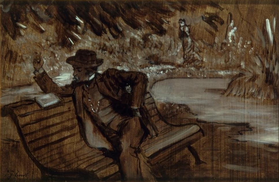 James Tissot (Jacques-Joseph), Selbstbildnis lesend auf einer Gartenbank, im Hintergrund Kathleen Newton (Buch,Künstlerleben,Künstler,Kunst,Leser,Literatur,Maler (Künstler),Mann,Bank (Sitzgelegenheit),Szene,Selbstbildnis,Portrait,Lesen (Allgemein),Französische Kunst,Illustration,Menschen Im Garten,Monochromie)