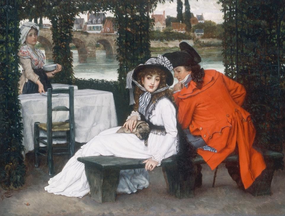 James Tissot (Jacques-Joseph), Stelldichein in einer Gaststätte am Fluß (Gartenwirtschaft,Kunst,Liebe Und Ehe,Liebespaar,Mensch,Laube,Restaurant,Verabredung,Genre,Französische Kunst,Historienmalerei,Direktorium (1795-1799),Rendez-Vous)