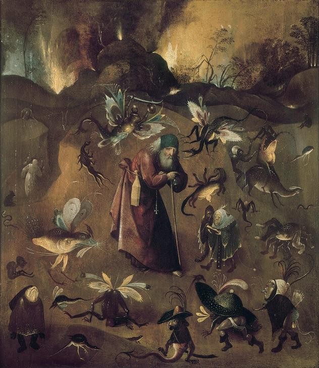 Hieronymus Bosch, Die Versuchung des Hl. Antonius (Christentum,Feuer,Heilige,Kunst,Religion,Fabelwesen,Dämon,Moral,Mönch,Eremit,Versuchung,Phantastische Kunst,Niederländische Kunst,Brand)