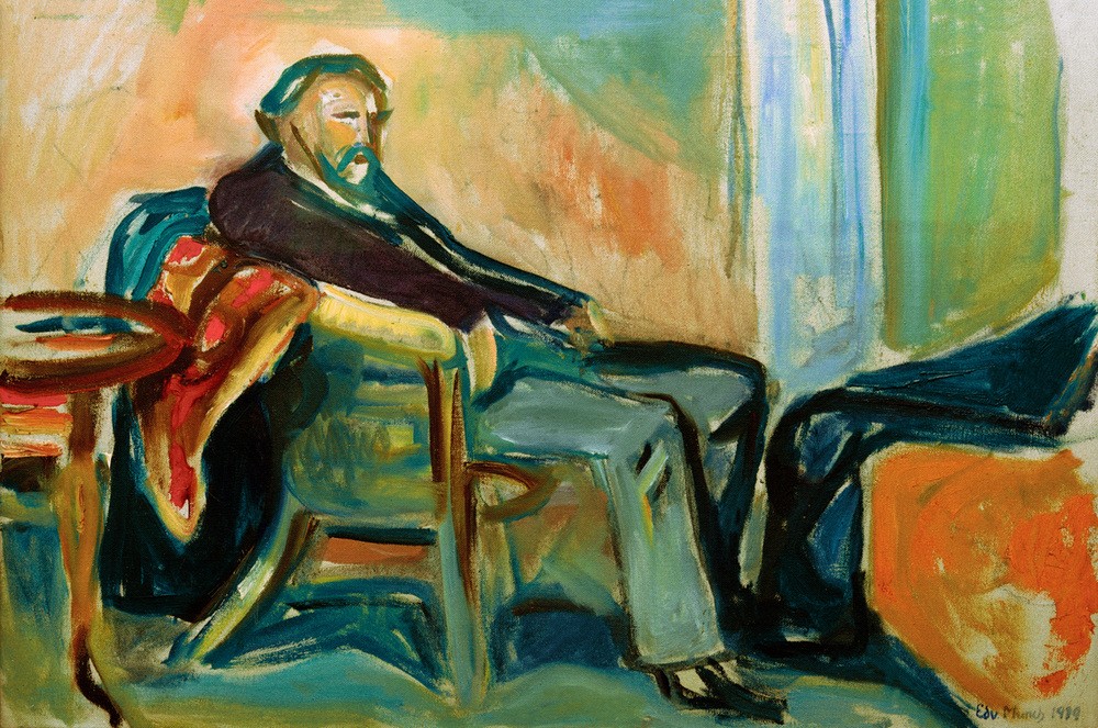 Edvard Munch, Selbstportrait nach Influenza (Jugendstil,Krankheit,Künstler,Kunst,Maler (Künstler),Selbstbildnis,Expressionismus,Norwegische Kunst,Rekonvaleszenz,Sitzen,Grippe,Skandinavische Kunst)