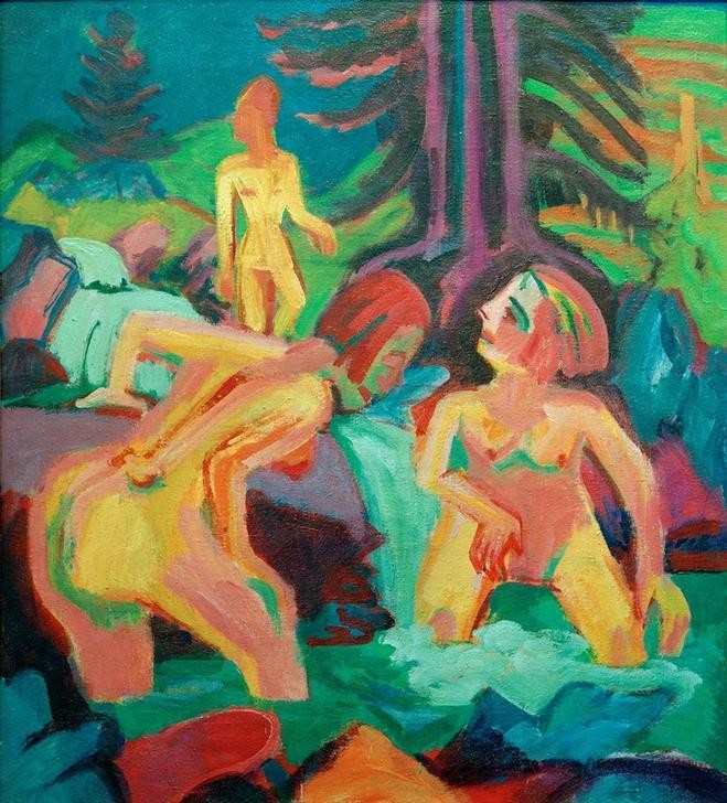 Ernst Ludwig Kirchner, Im Bergbach badende nackte Frauen (Körperpflege,Bad Im Freien,Bad,Deutsche Kunst,Frau,Gebirge,Gewässer,Gruppenbild,Kunst,Mensch,Freizeit,Wald,Akt,Expressionismus,Die Brücke,Bach,Im Freien (Allgemein),Nacktheit,Farbigkeit)