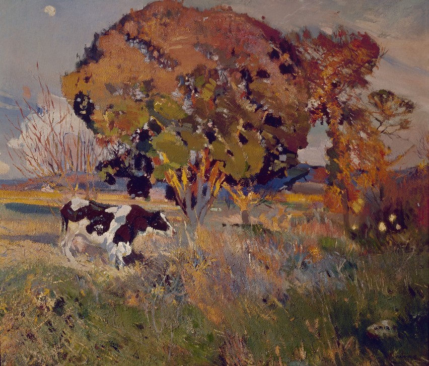 Joaquim Mir, Die Kuh und die Eiche (Eiche, Landschaft, Rind, Baum,  Tier, Herbst, Post-Modernisme, Malerei, Klassische Moderne, Wunschgröße, Wohnzimmer, Treppenhaus, bunt)