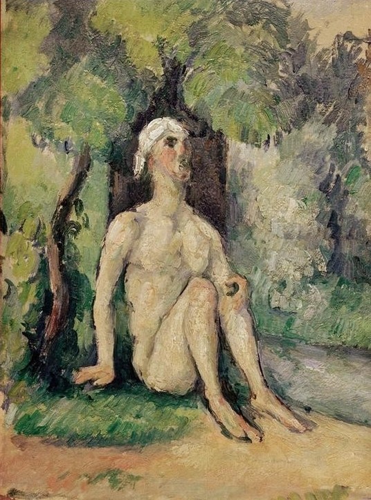 Paul Cézanne, Baigneur assis au bord de l’eau (Körperpflege,Bad Im Freien,Bad,Gewässer,Kunst,Landschaft,Mann,Mensch,Impressionismus,Akt,Französische Kunst,Im Freien (Allgemein),Nacktheit,Sitzen,Ganzfigurig,Kopftuch)