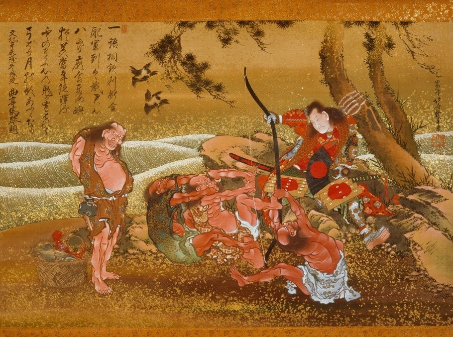Katsushika Hokusai, Tametomo und die Dämonen auf Onigashima (Literatur,Mythologie,Schreiben Und Schrift,Schriftzeichen,Japanische Kunst,Dämon,Poesie,Gedicht,Seidenmalerei,Japanische Schrift)