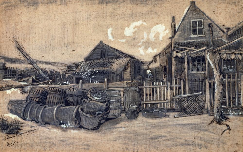 Vincent van Gogh, Scharrendroogerij in de duinen, Scheveningen (Architektur,Dorf,Fischer,Fischerei,Frau,Haus,Kunst,Landschaft,Hütte,Impressionismus,Fisch,Architekturdarstellung,Scheune,Niederländische Kunst,Korb,Schuppen (Gebäude),Holländische Kunst,Fischerhaus)